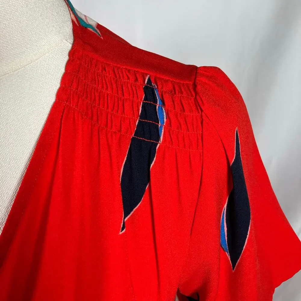 A New Day Red Floral Wrap Midi Dress XS Blue Pink‎ Tie Waist Short Sleeve New